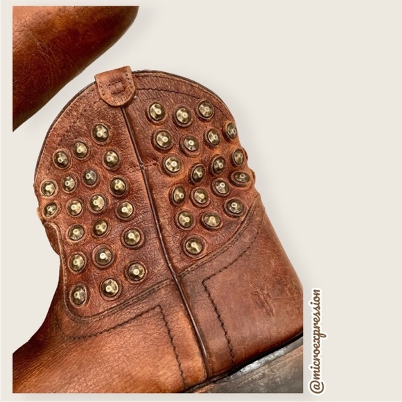 Frye Wyatt Disc Leather Brown Cowboy Metal Moto Vintage Distressed Ankle Boot - Picture 12 of 13